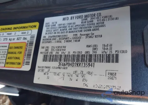 2019 Ford Fusion Se from USA, damaged, VIN 3FA6P0HD2KR135941